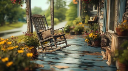 Rustic Wooden Rocking Chair on Porch: Peaceful Relaxation and Tranquility, Perfect for Home Decor and Relaxation Websites