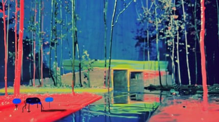 Surreal painting of a house in a vibrant forest.