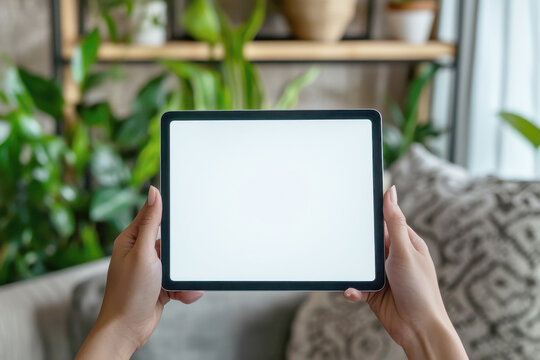 A modern tablet with a blank screen held in two hands viewed from a first-person perspective