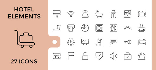 Hotel Elements linear icon collection. Includes icons for breakfast, reception, holiday, key, hoover, eatery, tv and more. Minimalistic web and UI icons. Vector icons editable stroke.