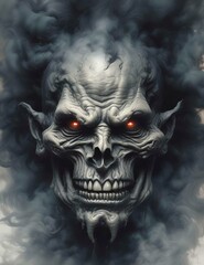 Naklejka premium Illustration of devil spooky face in dramatic smoke.