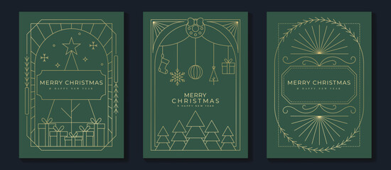 Merry Christmas and Happy New Year frame greeting card vector set. Luxury invitation with Christmas tree, bauble, holly, gift line art on green background. Design illustration for season's card, ads.
