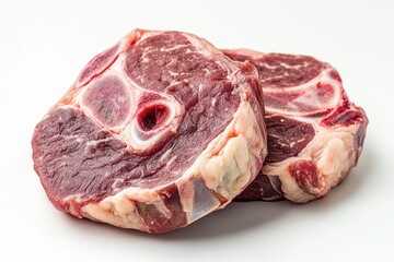 Two large slices of raw beef shank isolated on a white background