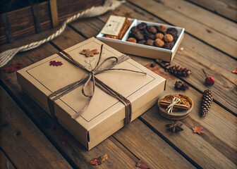 Rustic gift box with assorted treats on wooden background.