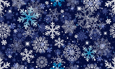 Vector Christmas hand drawn dark blue seamless pattern with doodle white and blue gradient snowflakes and stars