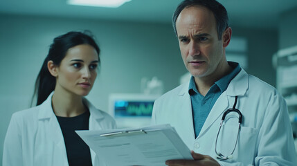 Doctor holding a medical chart, looking concerned while discussing lung cancer treatment options with a patient in a sterile hospital room.