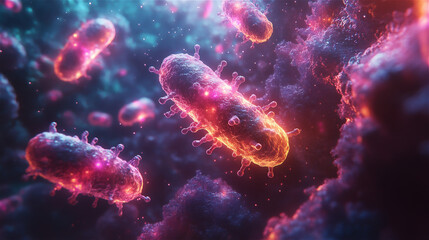 Microscopic view of red small organelle, bacteria, and microorganisms. Generative AI.