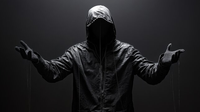 Dark figure in hood pulling strings, manipulating puppetry with subtle mastery, haunting glow in the backdrop, chilling mystery, surreal atmosphere, intense focus on puppet movements