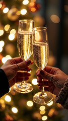 Elegant Hands Holding Champagne Glasses: Festive Christmas Celebration Image for Holiday Marketing