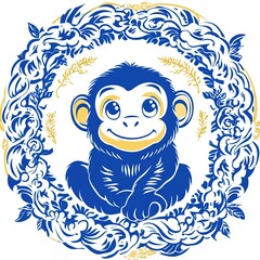 Cute baby chimp in floral frame.