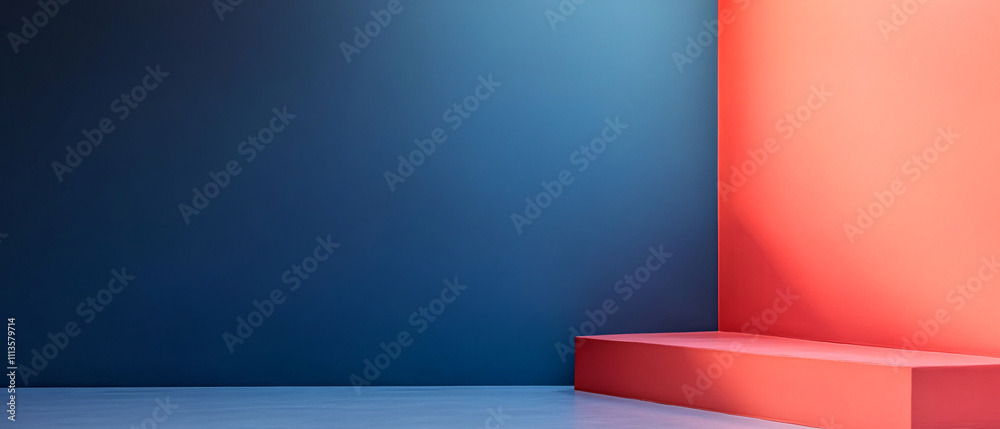 Wall mural abstract minimalist studio background with blue and coral walls and platform