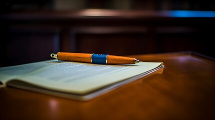 Elegant Pen Rests on Open Book Beside Wooden Table