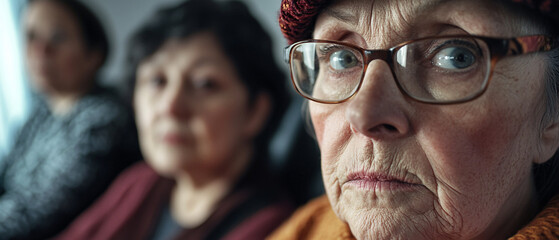 Fototapeta premium Closeup Portrait of a Thoughtful Elderly Woman with Two Women in the Background