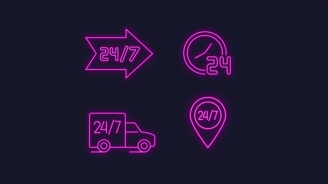 24 by 7 gps delivery neon animation set. All time customer service animated icons glow effect. Geolocation, wayfinding. Dynamic overlays on dark background. HD video with alpha channel. Motion graphic