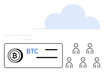 Bitcoin BTC wallet with currency symbol, connected people icons, and cloud graphic. Ideal for blockchain technology, cryptocurrency transactions, digital wallets, decentralized finance, peer-to-peer