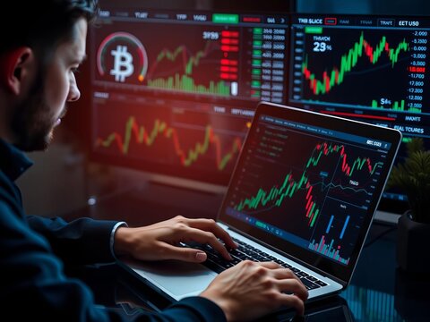 A businessman analyzing cryptocurrency market trends on his laptop, surrounded by graphs, charts, and digital currency logos, laptop, graphs