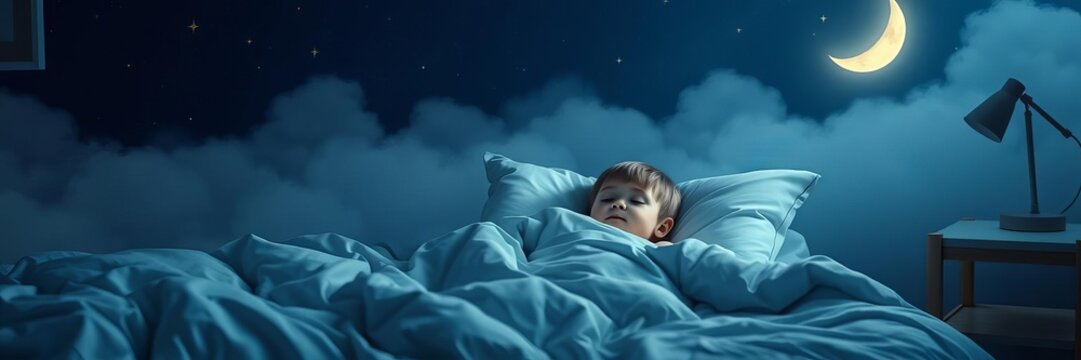 A child peacefully sleeps in bed under a moon and star themed duvet, with the soft glow of a night light illuminating the room, bed, sleep