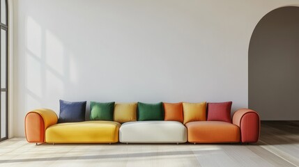 A modern, colorful sofa with cushions against a minimalist wall, ideal for relaxation.