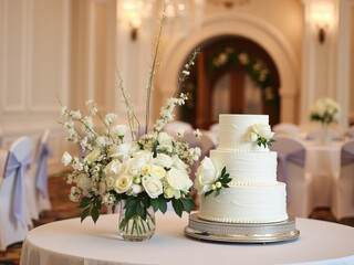 A close-up shot of a three-tier wedding cake adorned with fresh floral arrangements, creating a romantic centerpiece for a memorable reception, wedding cake, reception