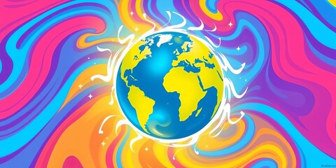 Naklejka premium A colorful and vibrant vector icon of a globe surrounded by swirling rays of positivity and encouragement, vibrant, encouragement