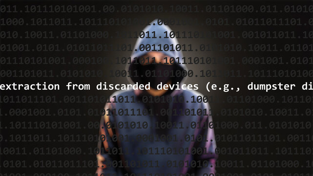Cyber attack data extraction from discarded devices e.g., dumpster diving in foreground, hacker hidden with hoodie in the blurred background. Vulnerability in binary system code on editor program.