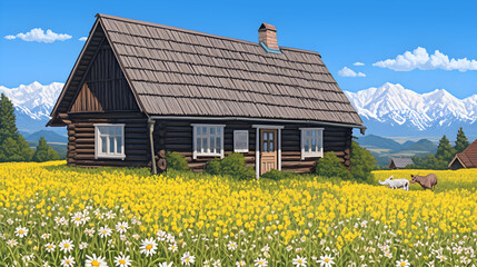 Wooden Cabin nestled in a vibrant flower field near majestic mountains
