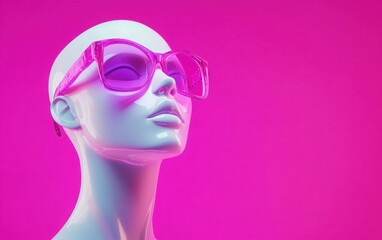 A clean and vibrant pop art scene featuring a white mannequin head wearing bright purple glasses, with a striking pink background