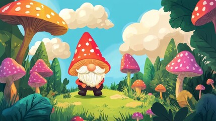 Fototapeta premium Gnomes in a vibrant garden with mushrooms and wildflowers during a sunny day