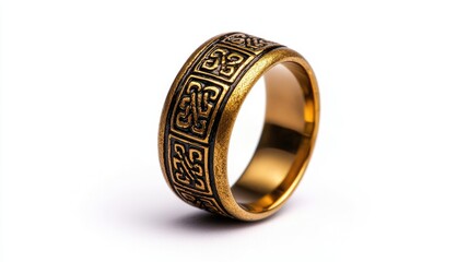 Elegant gold ring with intricate design jewelry showcase modern studio minimalist setting close-up view for luxury appeal