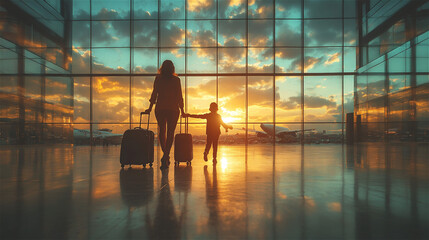 A silhouetted mother and son holding hands and walking together at sunset inside an airport terminal for travel in holiday. Generative AI.