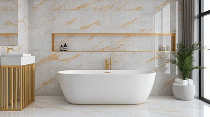 Elegant modern bathroom design featuring freestanding tub and gold accents