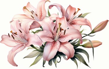 Fototapeta premium Pink lilies arranged beautifully in a delicate floral composition with green leaves