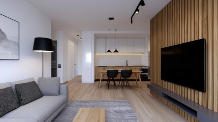 Modern minimalist living room design with wood accents and contemporary decor