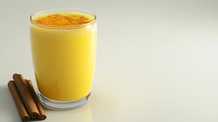 A glass of golden turmeric milk with cinnamon, placed on a simple white background, Generative AI