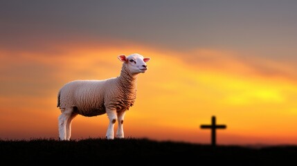 Fototapeta premium Sheep grazing at sunset near cross symbolizing peace in nature landscape rural setting serenity inspirational viewpoint