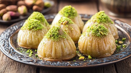 A plate of sweet pastries topped with pistachios, showcasing a traditional dessert.