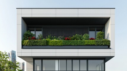 Modern Architectural Design with Green Balcony and Urban Landscape View