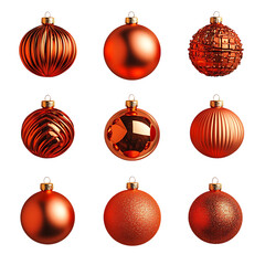 Set of Nine Red Christmas Ornaments with Various Designs and Textures on Black Background - Festive Holiday Decoration Collection