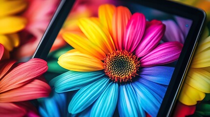A rainbow daisy displayed on a tablet screen surrounded by other vibrant flowers.