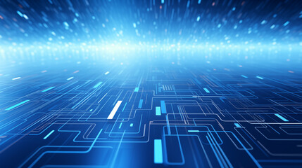 Obraz premium An intricate digital design featuring a network of glowing blue lines and geometric shapes on a dark background. This artwork is ideal for tech-related themes, backgrounds, or digital interfaces.