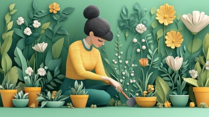 a gardener tending to plants in a lush green garden