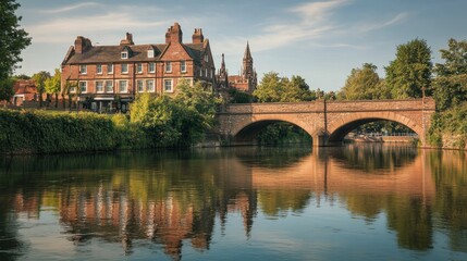 Fototapeta premium Beautiful bridge reflecting in calm water during golden hour in a quaint riverside town