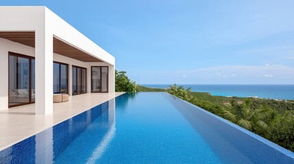 Fototapeta premium Modern Villa with Infinity Pool Overlooking Scenic Ocean View in Tropical Paradise