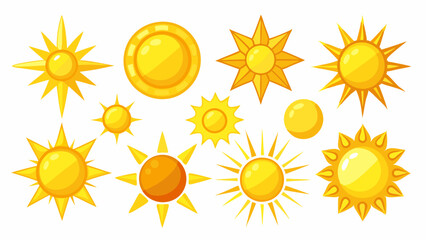 Sun icon set. Yellow sun star icons collection. Summer, sunlight, nature, sky. Vector illustration isolated on white background.