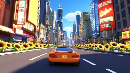 Orange Car Drives Through Sunflowers Lined City Street