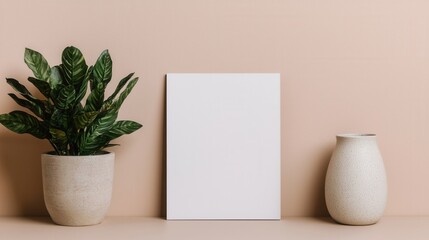 Fototapeta premium Minimalist Home Decor with Plant and Empty Canvas on Beige Background