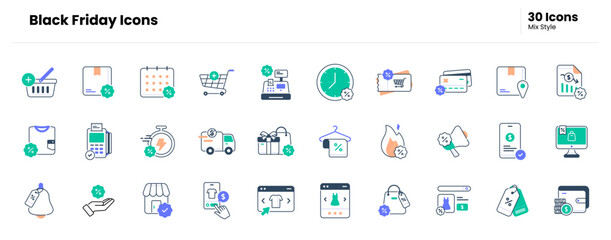 Black friday icon set. black friday, discount, e-commerce, online shop, promotion, advertising, offer, sale, business, store, marketing, event, shopping. Vector mix icon illustration
