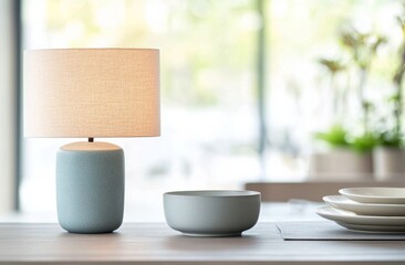 Obraz premium Softly lit lamp and minimalist tableware create a serene dining atmosphere