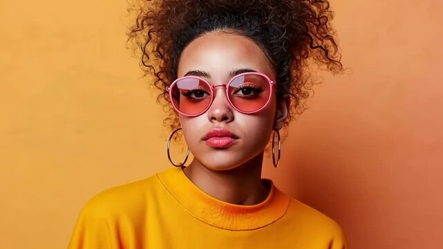 A woman wearing a yellow shirt and pink glasses