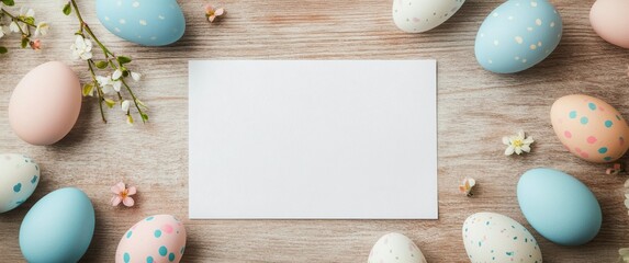 Colorful decorated eggs surrounding a blank card on a wooden table for spring celebrations